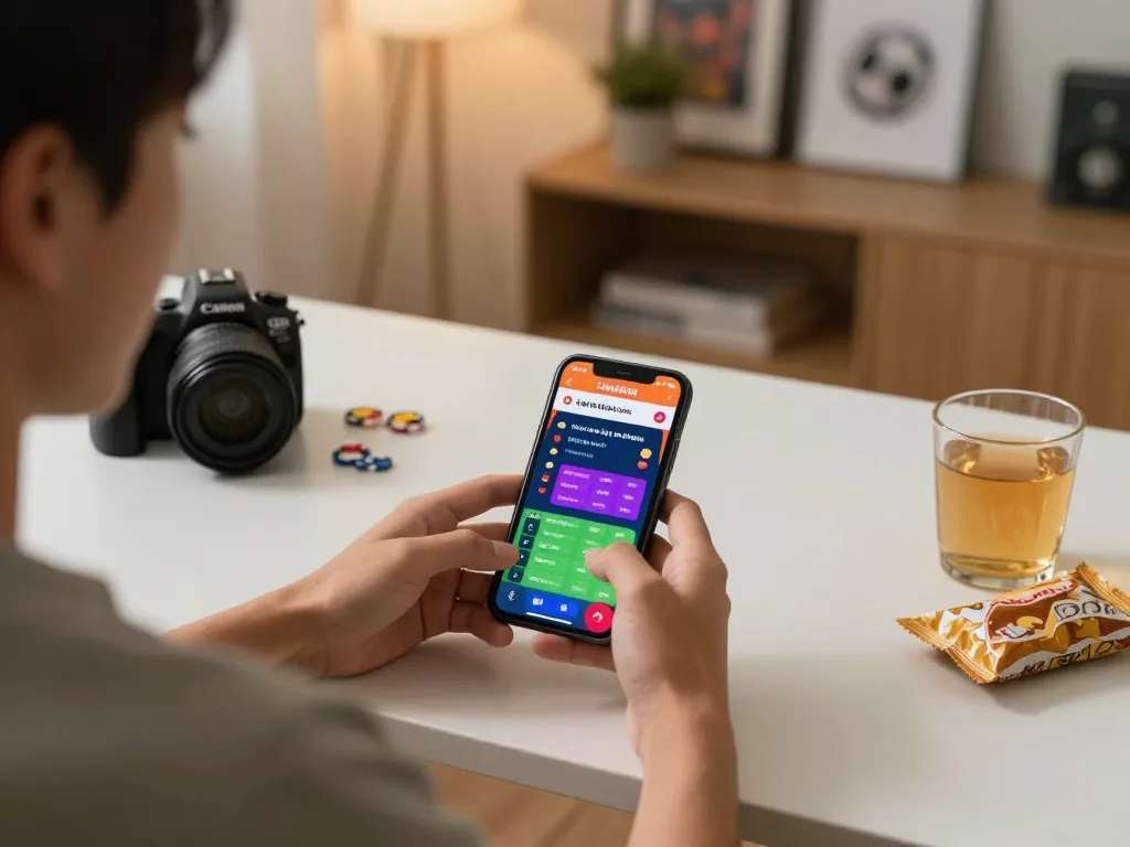 Placing a bet on smartphone showing tỷ lệ kèo nhà cái hôm nay in a cozy home setting.