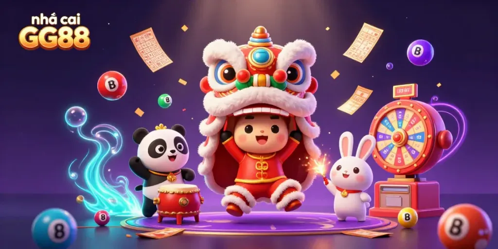 Experience thrilling action at nhà cái GG88 with a vibrant illustration depicting lively characters, lottery elements, and golden treasures.