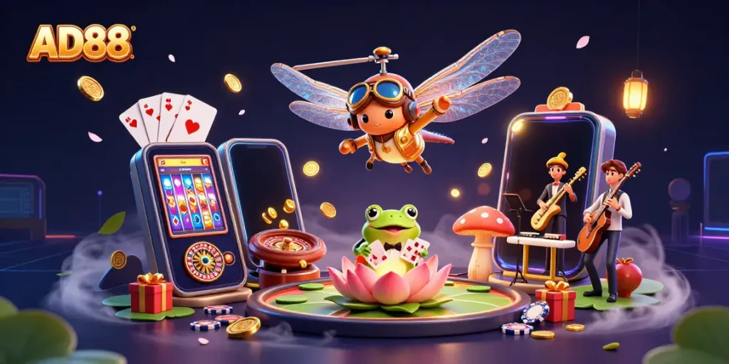 Engage in lively gaming at AD88 with a cartoon dragonfly pilot, frog dealer, and vibrant casino scene.