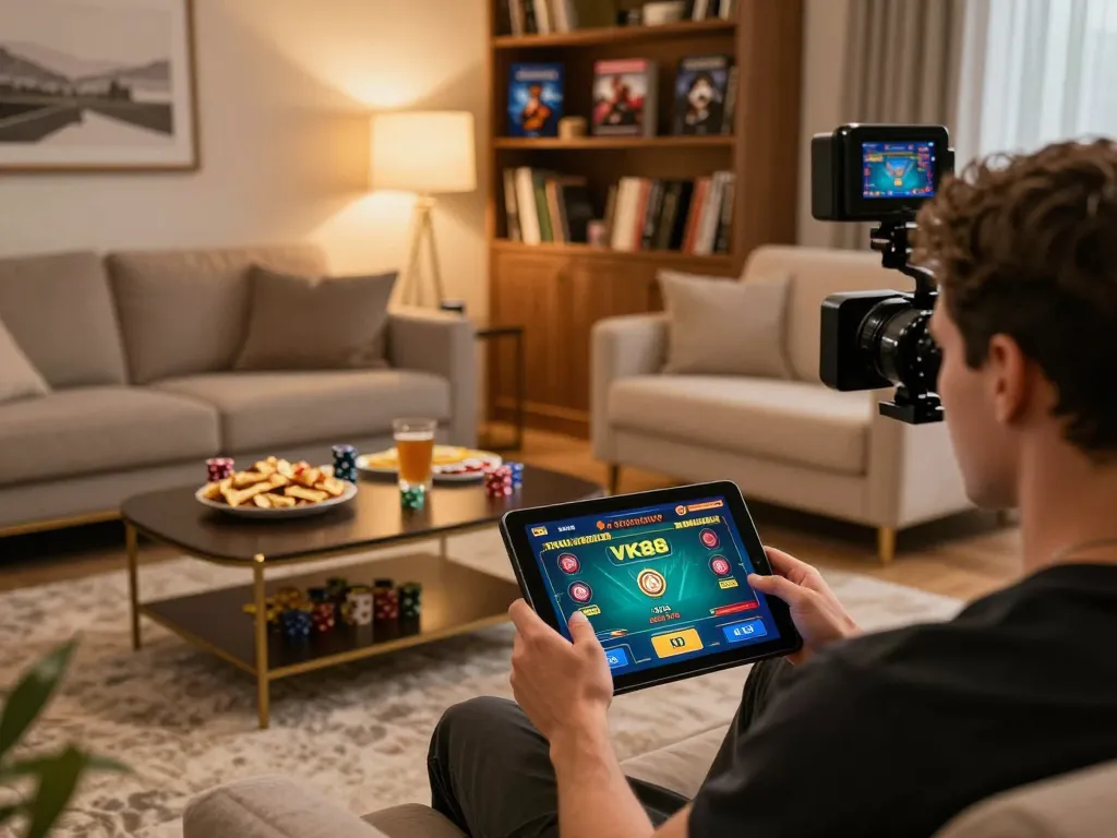 Engaging in VK88 online live dealer game on tablet in stylish home setting with snacks.