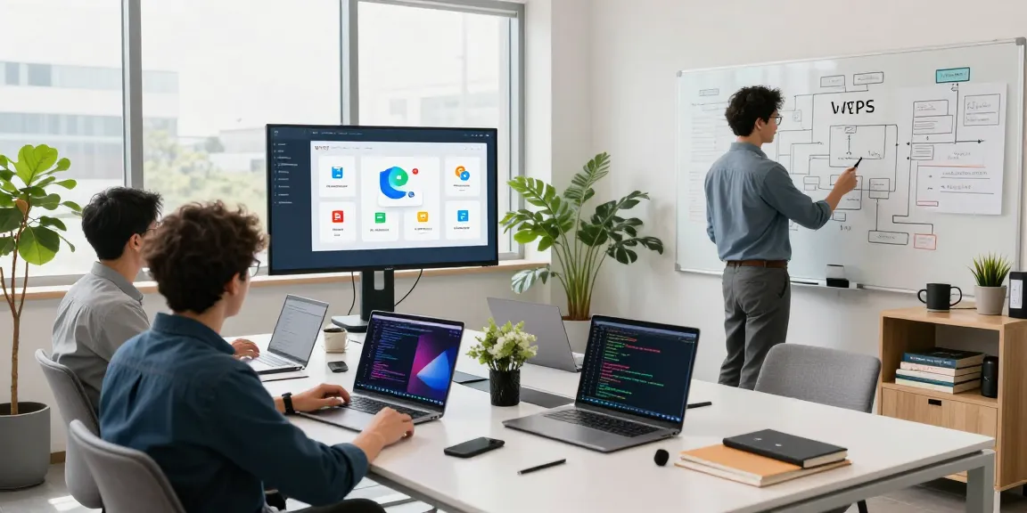 WPS Download team collaboration in a modern office workspace with tech gadgets and natural light.