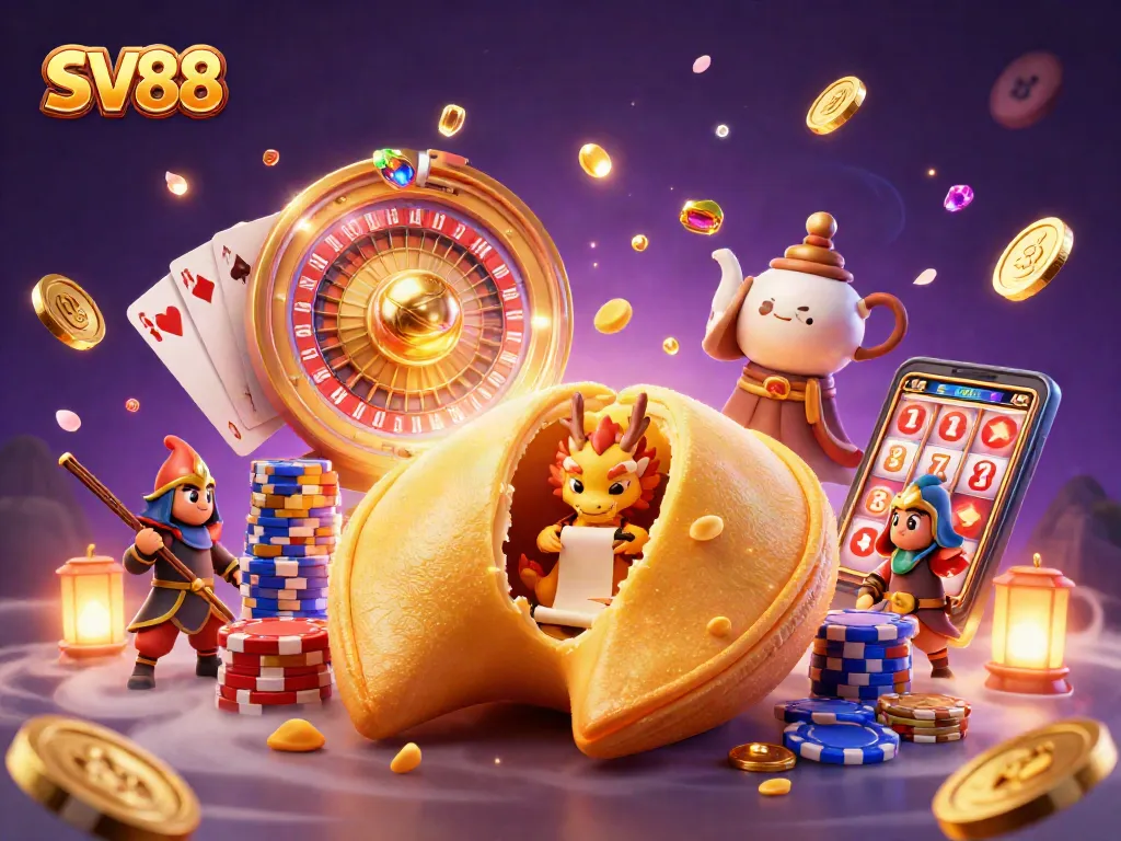 SV88 showcases vibrant casino elements with a golden fortune cookie and dragon in a lively scene.