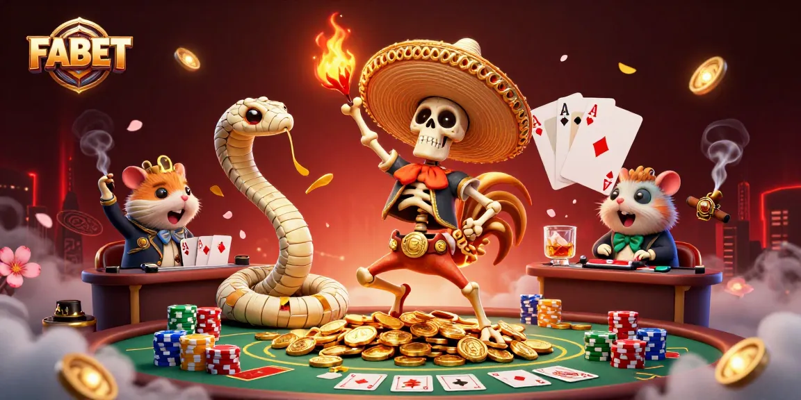Experience FABET's vibrant casino scene with a festive mariachi rooster celebrating amidst poker chips and glimmering gold.