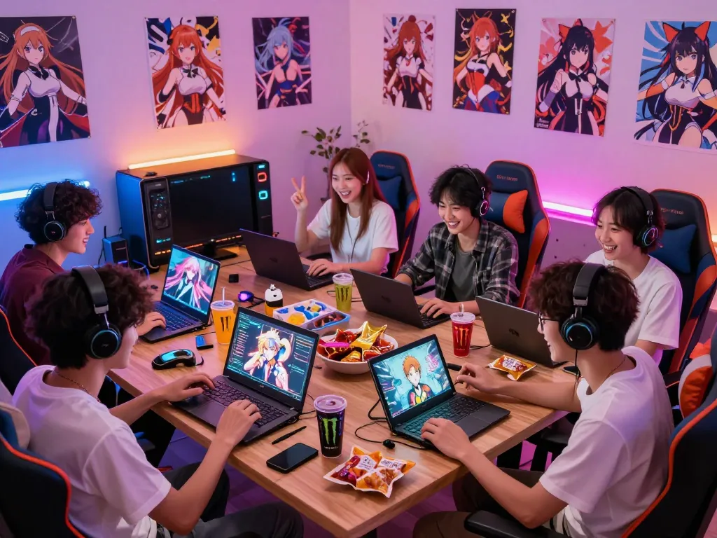 Engaging scene of friends playing hentai games together, showcasing vibrant characters and cozy atmosphere.