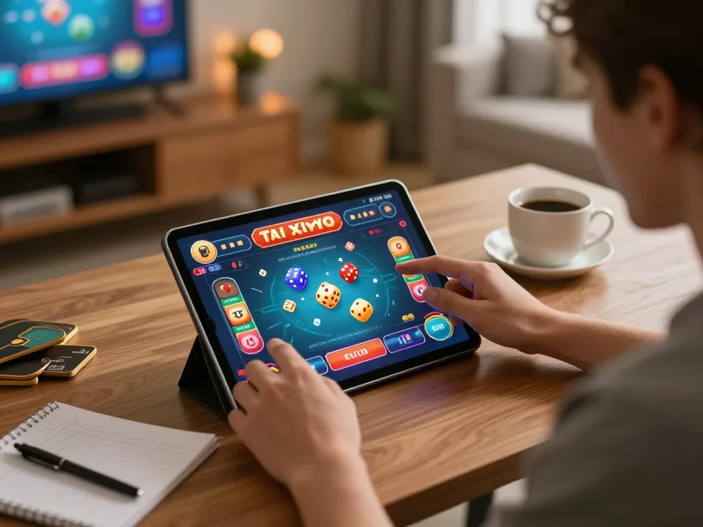 Engaging gameplay of tai xiu online on tablet in a cozy home office setting