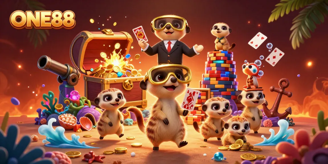 Engage in thrilling play at ONE88's vivid 3D cartoon casino adventure featuring whimsical meerkats.