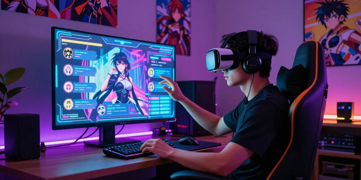 Engaging ai hentai chat session with user in VR, animated characters, and vibrant room.
