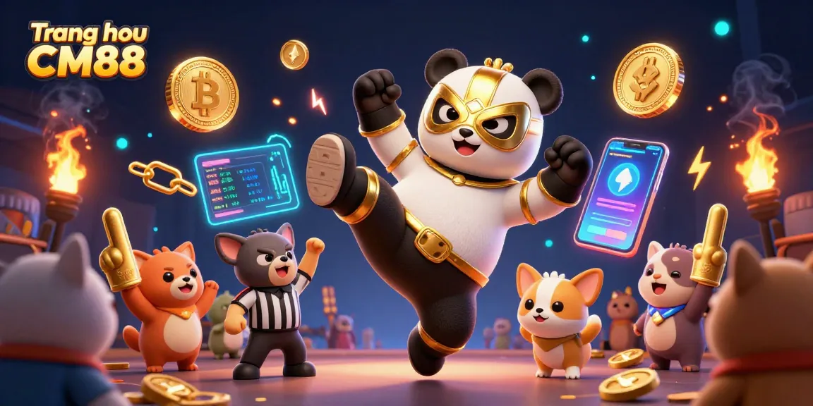 Engage with thrilling action at Trang chủ CM88 featuring an energetic panda wrestler and a referee in a vibrant casino atmosphere.