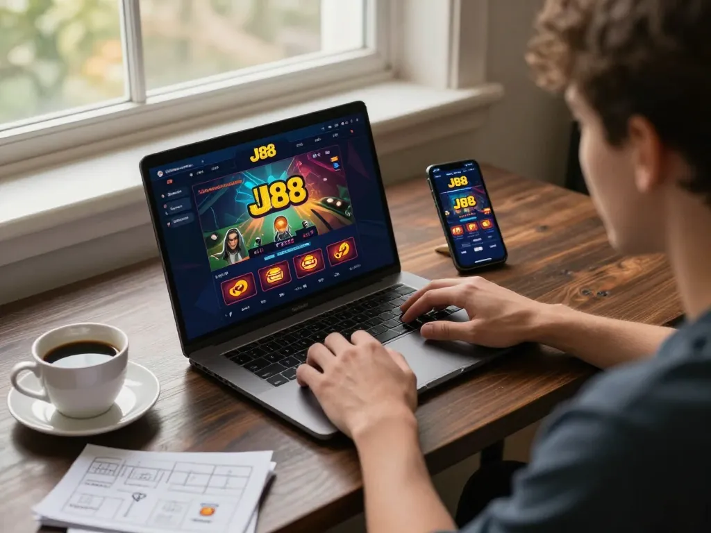 Engaged player enjoying the J88 online casino experience on a laptop and smartphone, highlighting the excitement of virtual gambling.