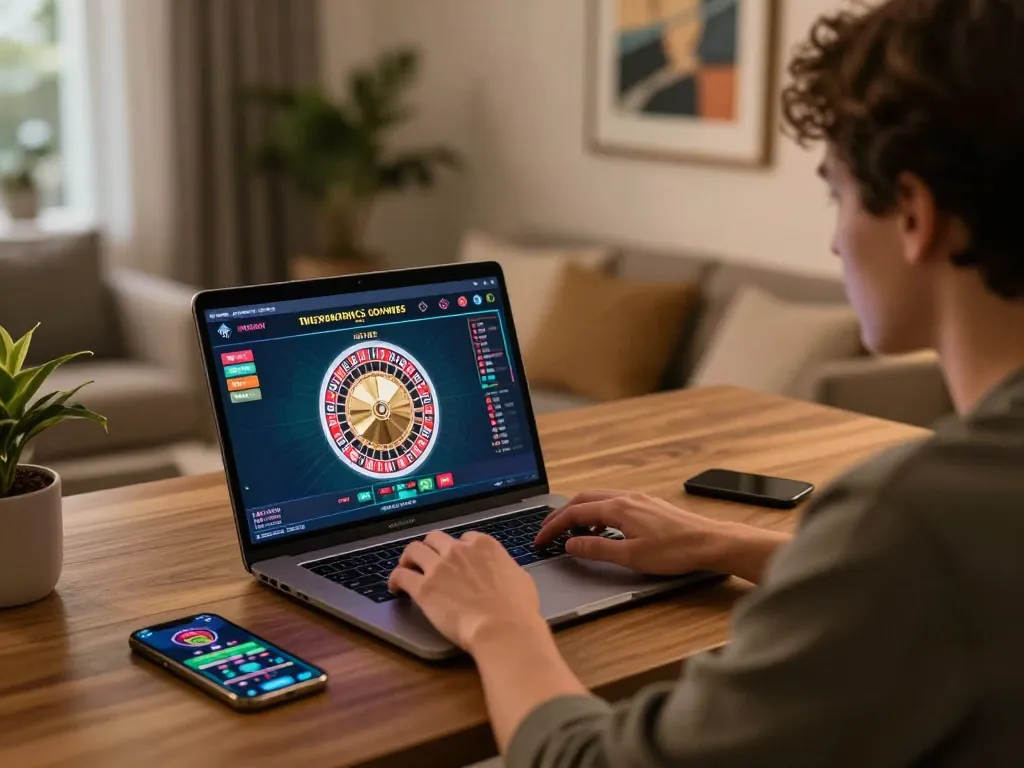 A player enjoying online gambling on their laptop with the 79king-vn roulette game visible, showcasing a stylish home setup.