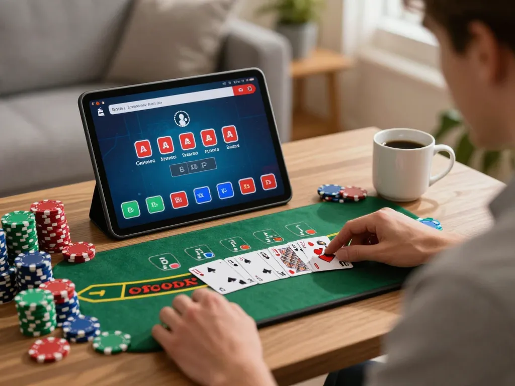 Engaged player uses a tablet for sky88 blackjack, showcasing strategic gaming at home