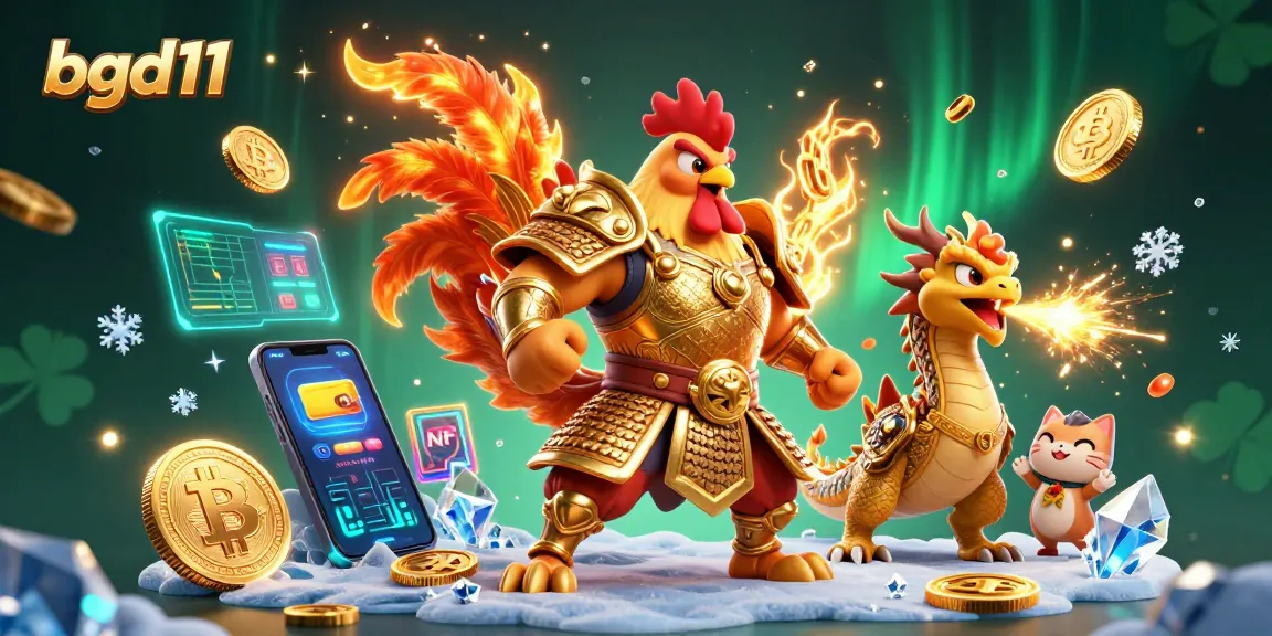 Experience exhilarating gaming at bgd11 with a fierce rooster warrior and dragon hatchling amidst vibrant crypto elements.