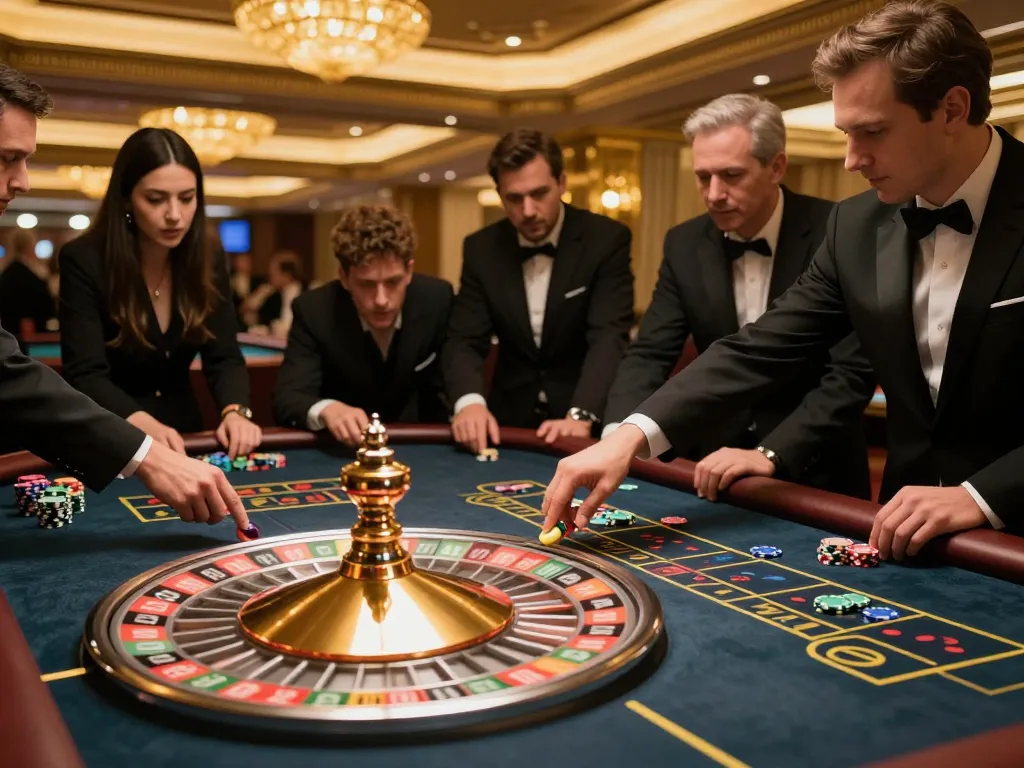 Players engaging in an exciting VK88 roulette game with vibrant chips in a luxurious casino atmosphere