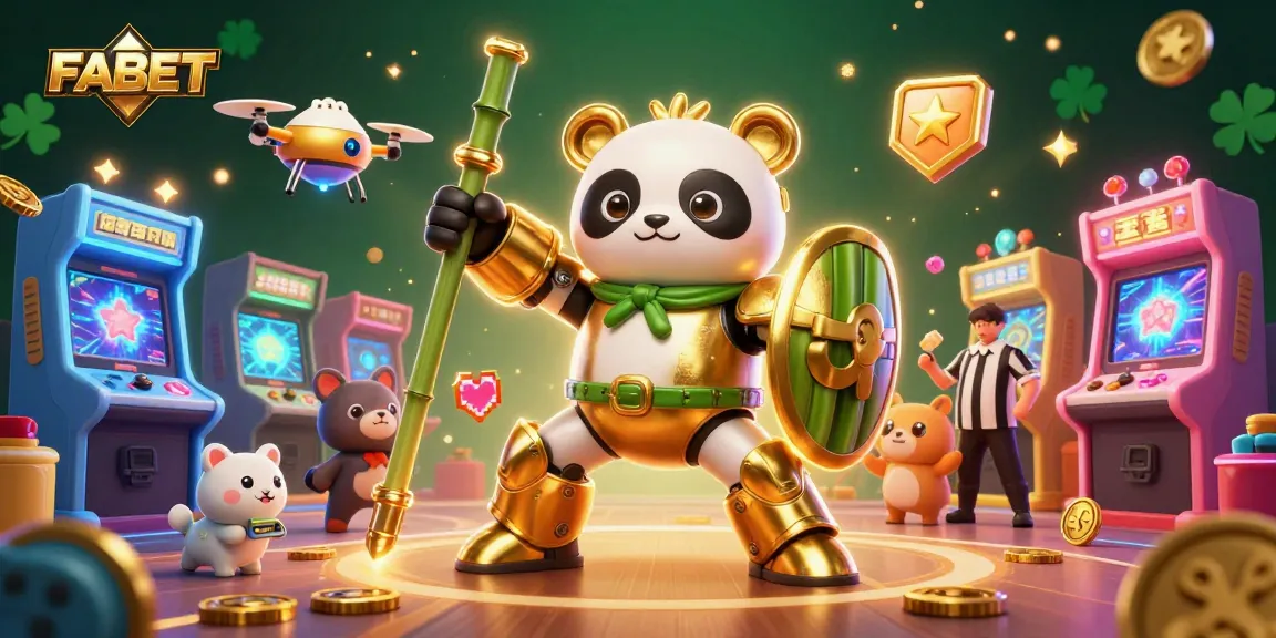 Experience FABET with the dynamic action of a mech-suit panda in a vibrant gaming arena.