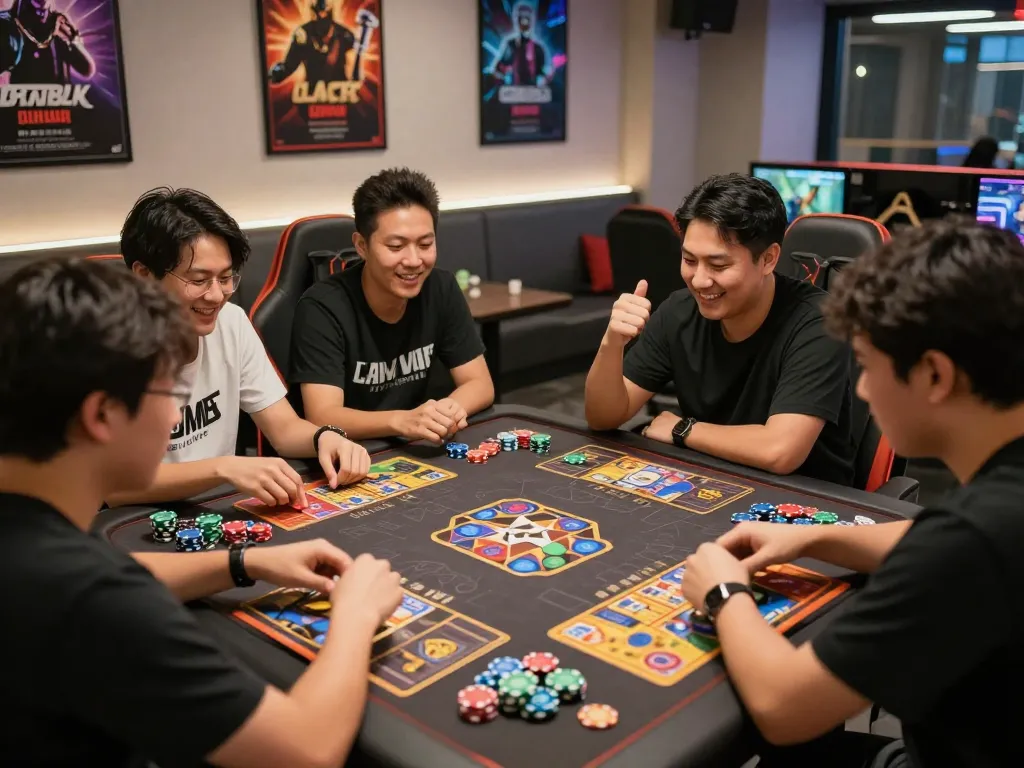 Engaged gamers in a lively setting enjoying card games while discussing tải sun win.