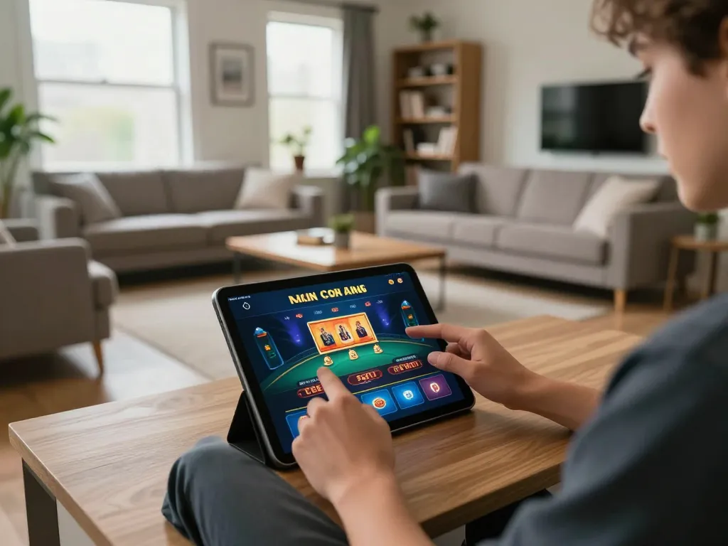 Player engaging with the nhà cái 88vv online casino app in a cozy home environment, showcasing the gambling experience.
