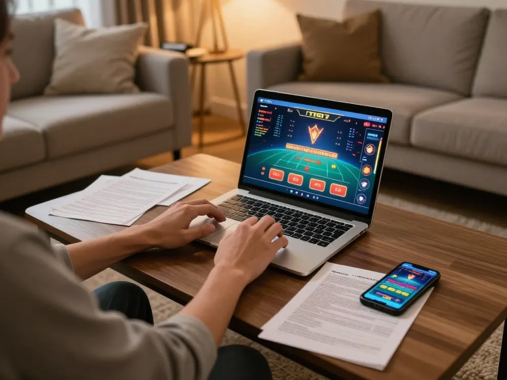 Kuwin player engaged in online gameplay at home, highlighting strategic decisions and comfortable setup