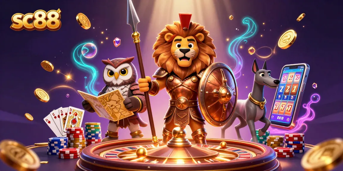 Engage with exhilarating gaming at sc88 featuring a heroic Spartan lion, owl strategist, and swift greyhound amidst vibrant casino elements.