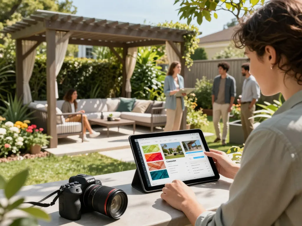 Mostrare la gestione contenuti pergole (CMS) attraverso un team che collabora su progetti di pergole in un vivace ambiente di giardino.