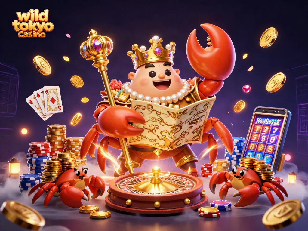 Experience the thrill of wild tokyo casino with a vibrant 3D scene featuring a golden crab emperor.