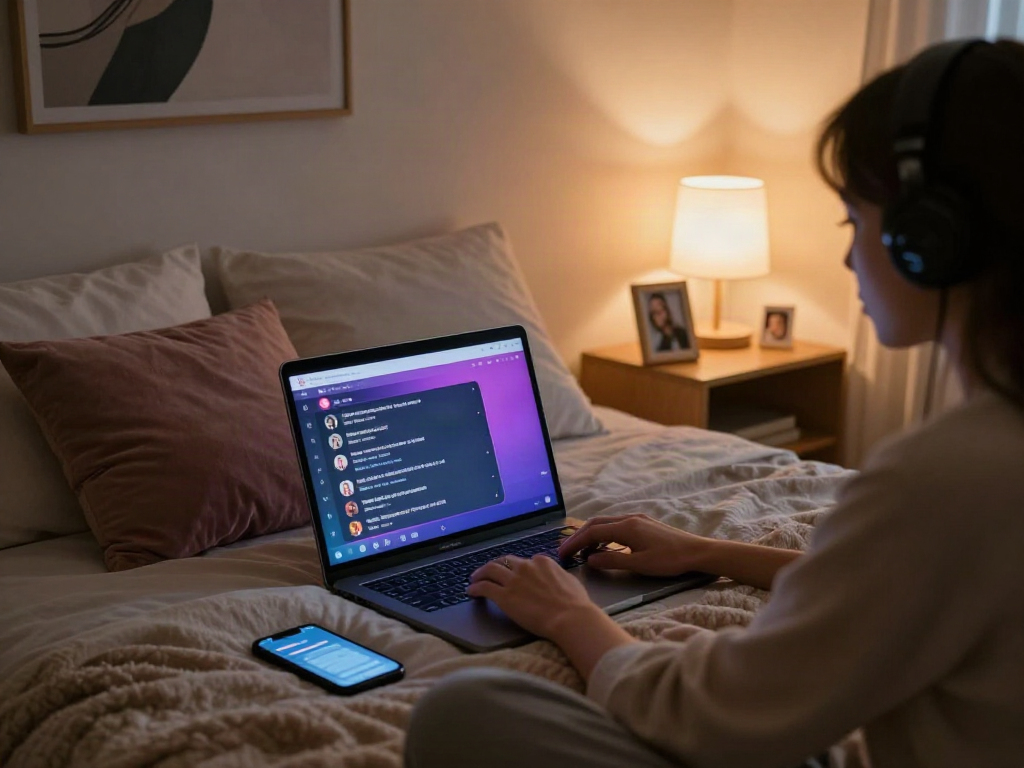 Engaging scene with a user on a laptop in a cozy bedroom setting, exploring porn chat ai.