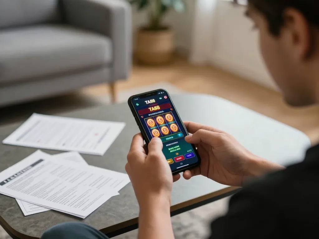 Player using TA88 app for online betting in a cozy setting, enhancing gambling strategy.