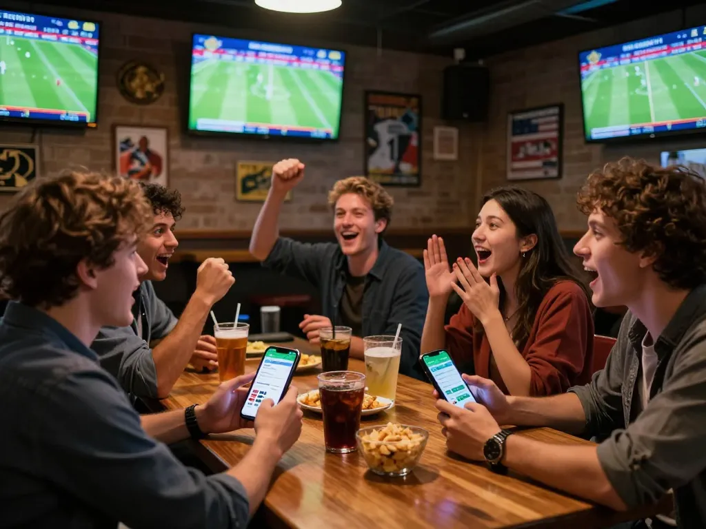 Socolive app used by friends during live sports betting at a lively bar, capturing excitement and camaraderie.