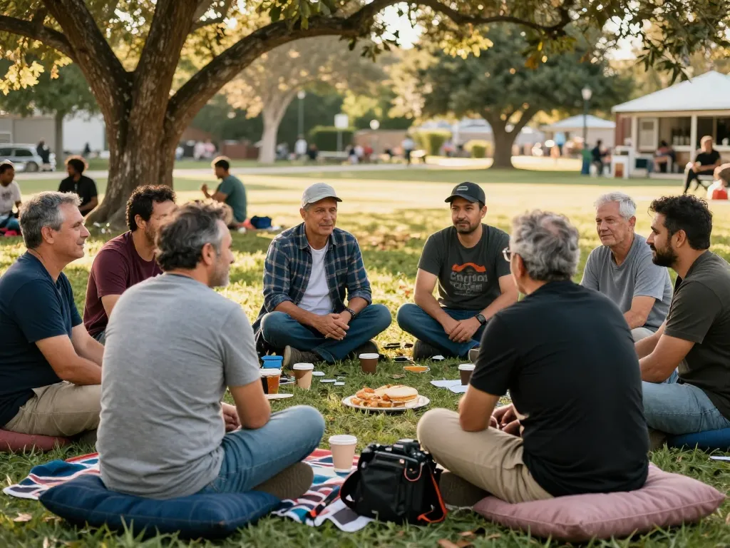 Men club outdoor gathering showcasing community support and conversation.