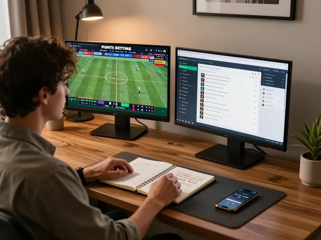 Engaged in keo nha cai sports betting strategy with two monitors and notebooks