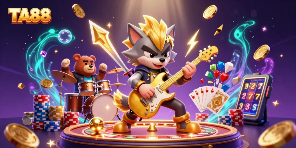 Experience the thrill of TA88 with a dazzling 3D casino illustration featuring vibrant characters and rich gaming elements.
