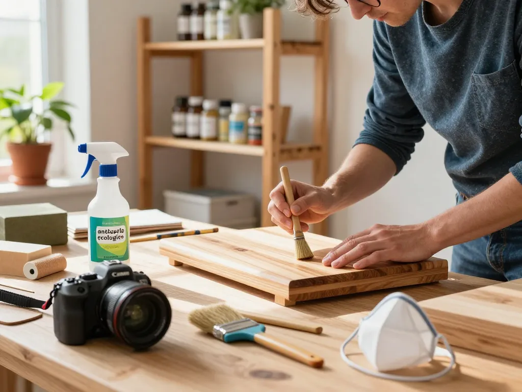 Applicazione dell'antitarlo ecologico in un laboratorio domestico soleggiato con strumenti ecologici.