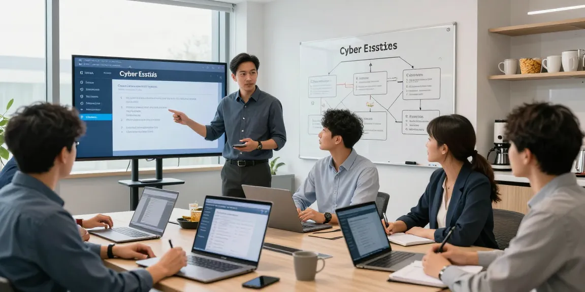 Team discussing how to get cyber essentials certified in a modern office setting with digital devices and interactive displays.
