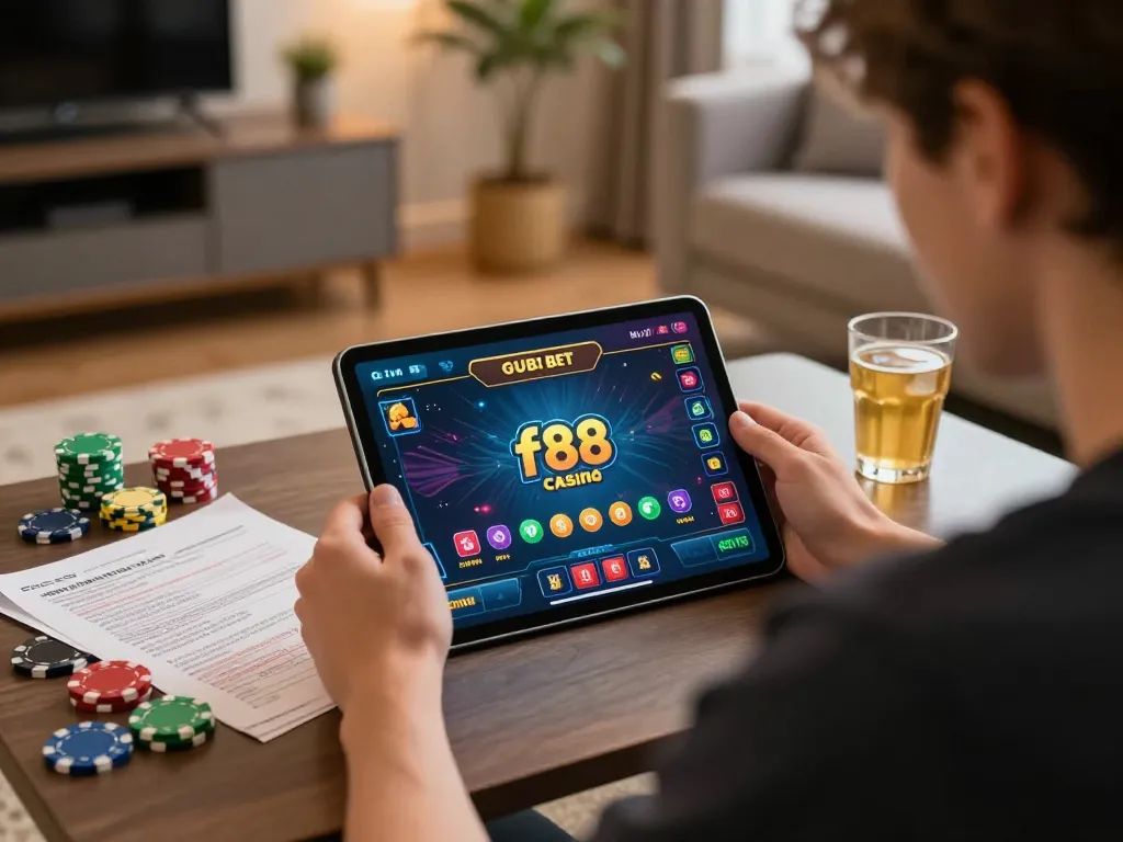 Engage with f88 bet on a tablet while enjoying a cozy home gaming atmosphere.