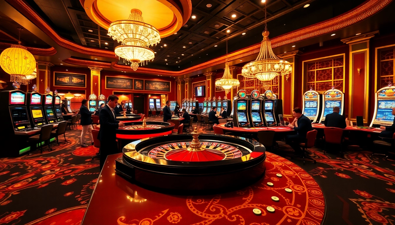 Exciting gaming atmosphere at xx88.uk.com with roulette, slot machines, and enthusiastic players.