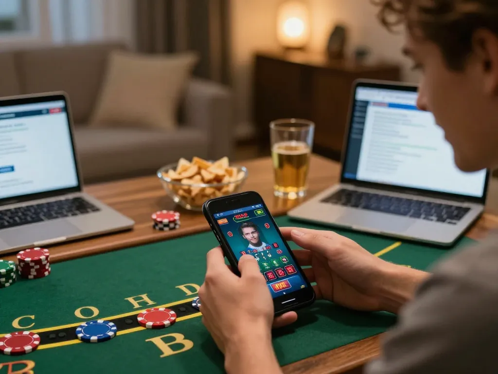 LUCKY88 player enjoying live dealer blackjack at home, showcasing strategic gameplay in a cozy setup.