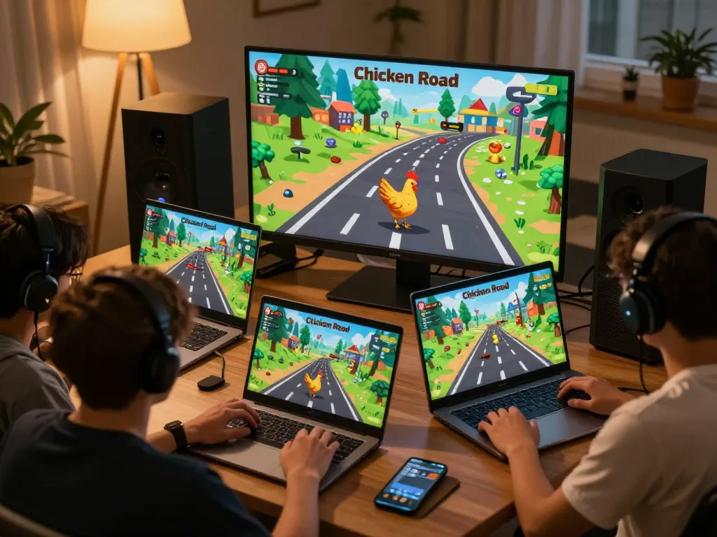 Giocatori attivi che si divertono con il gameplay di Chicken Road recensioni su più schermi in un'accogliente ambientazione domestica