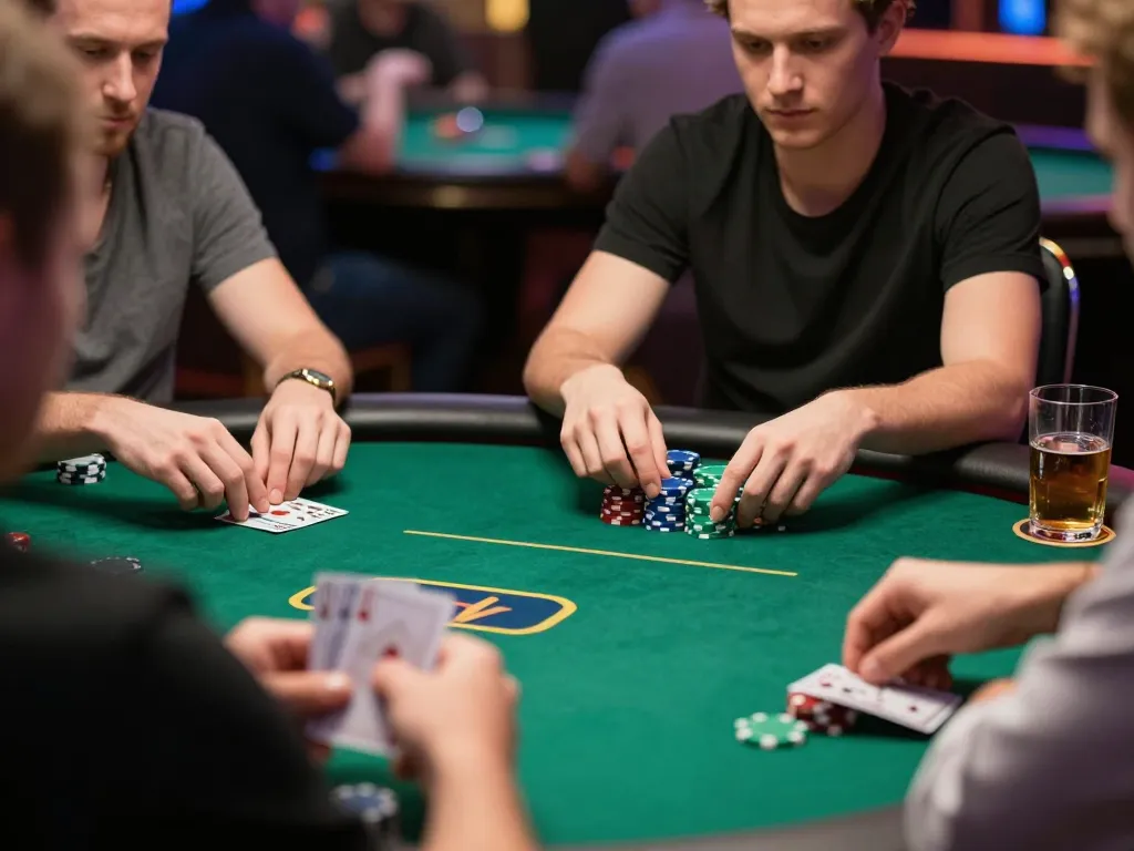 Players engaging in a strategic poker game at LC88, showcasing focused expressions and stacked chips.