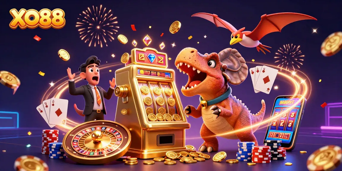 Experience jackpot excitement with XO88 as a dinosaur headbutts a golden slot machine, catching flying coins.