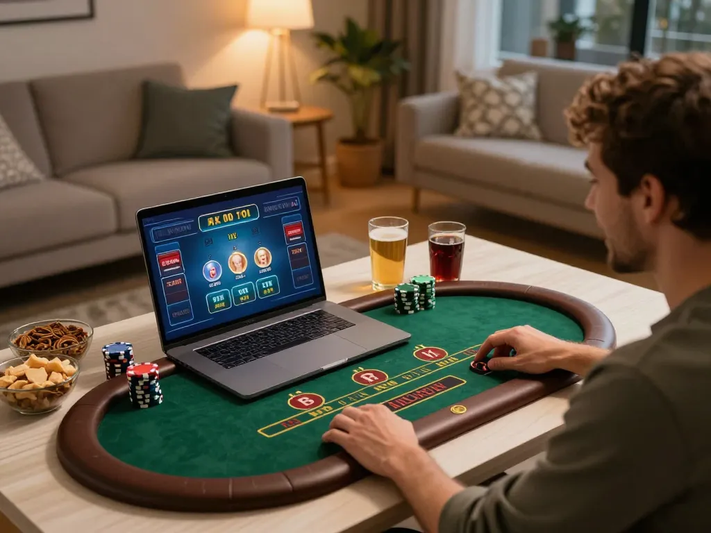 New88 nhà cái player celebrating a win during live dealer game at home, showing excitement and strategic gameplay