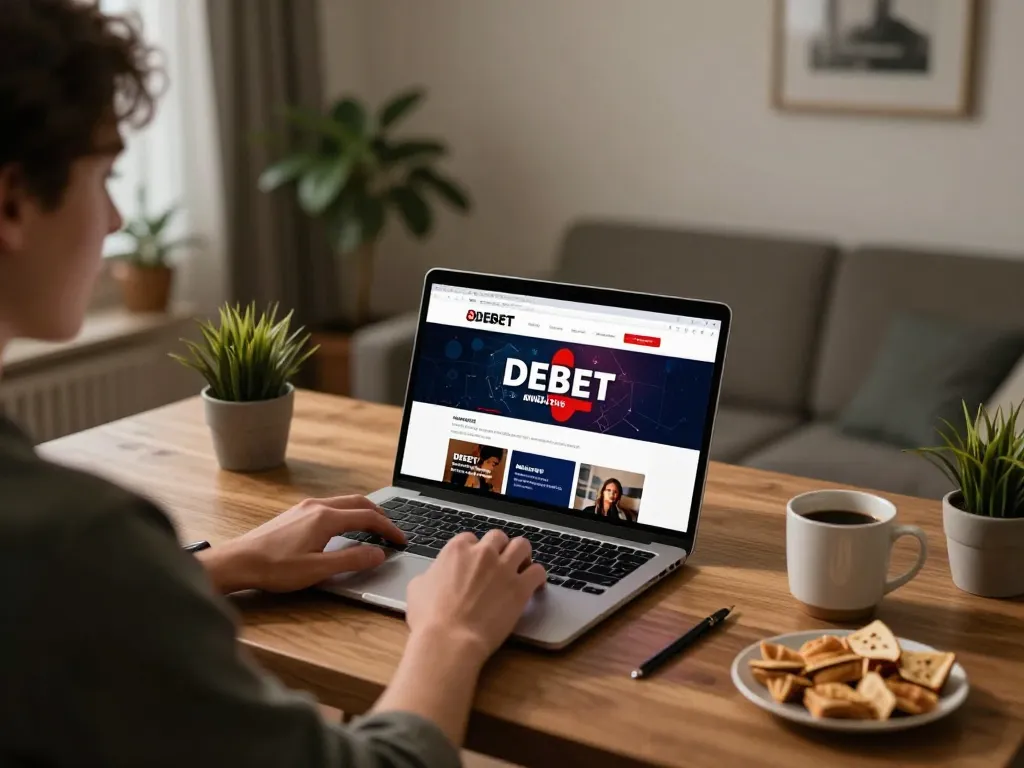 Engaging with the DEBET online casino through laptop gameplay in a cozy home setting.