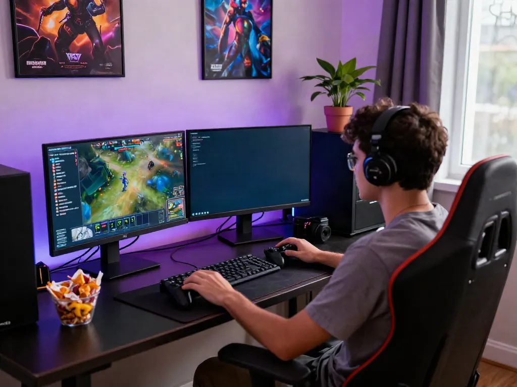 Player engaged in gaming with vibrant graphics and snacks, showcasing rokok88.