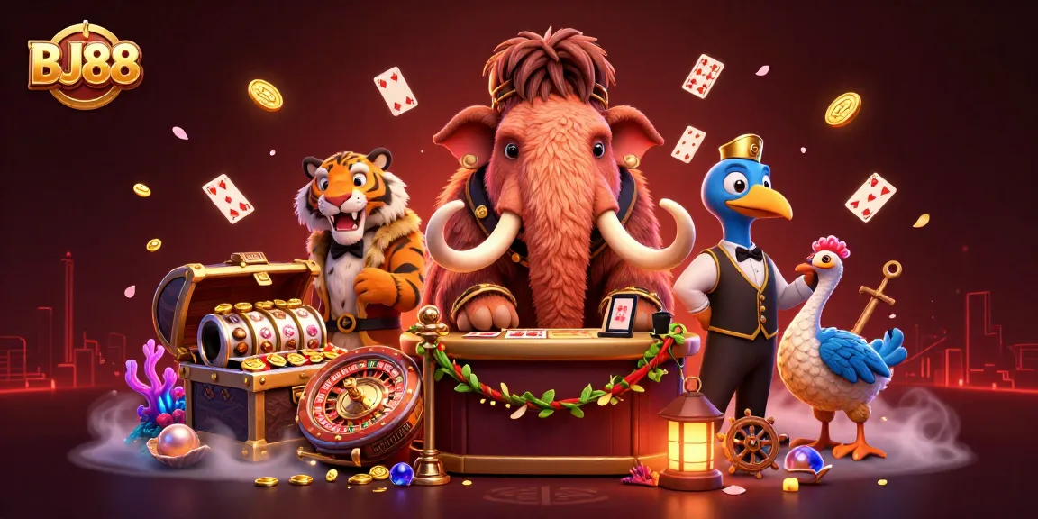 Experience dynamic gaming with BJ88 as our vibrant characters greet players in a lively casino setting.