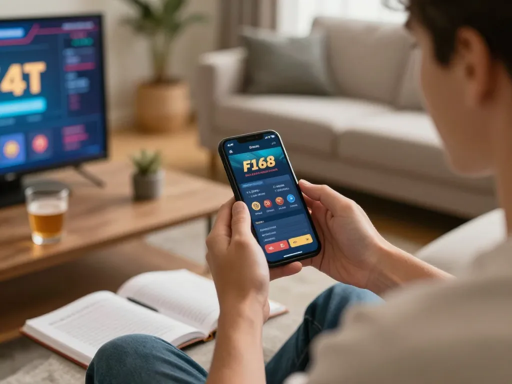 Player enjoying gaming on F168 app while sitting at home, capturing the essence of online gambling.