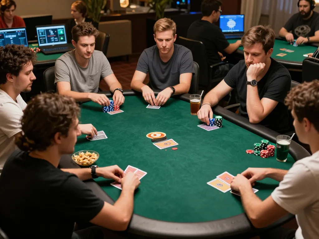 Players engaging in an online poker game with strategic focus and camaraderie at home, featuring DA88 integrated into their setup.