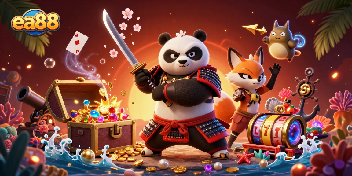 Score big with EA88's thrilling gaming experience featuring samurai panda and ninja fox amidst casino delights.