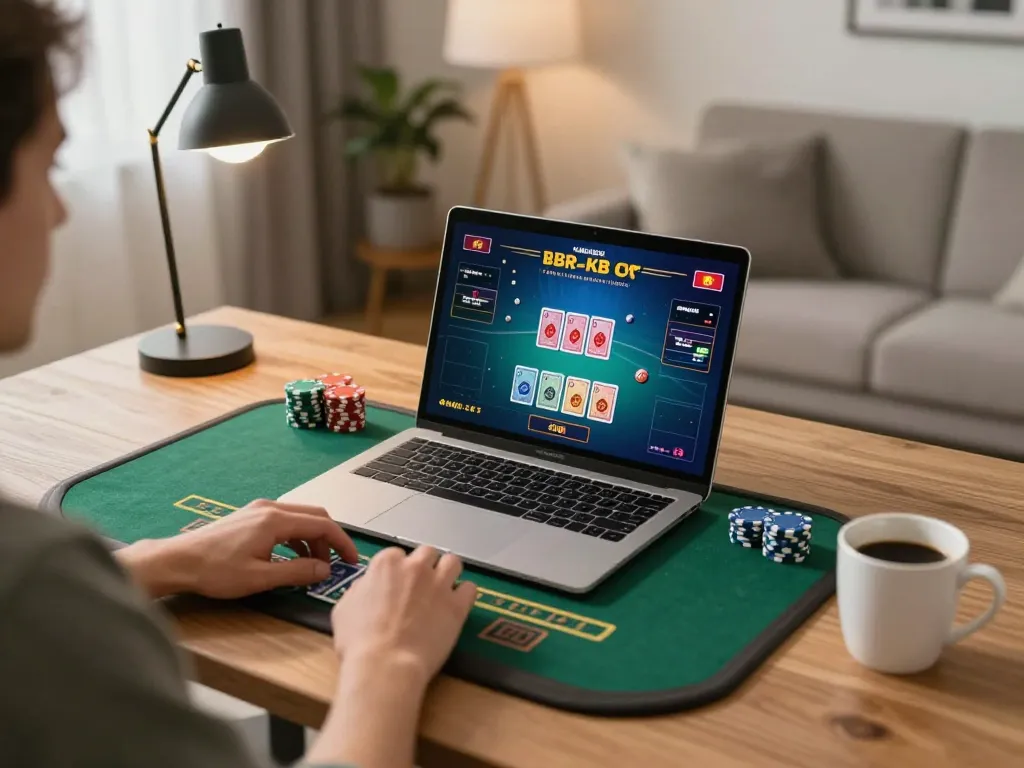 Player engaging with Lu88 online casino, showcasing live dealer game setup in a cozy home environment.