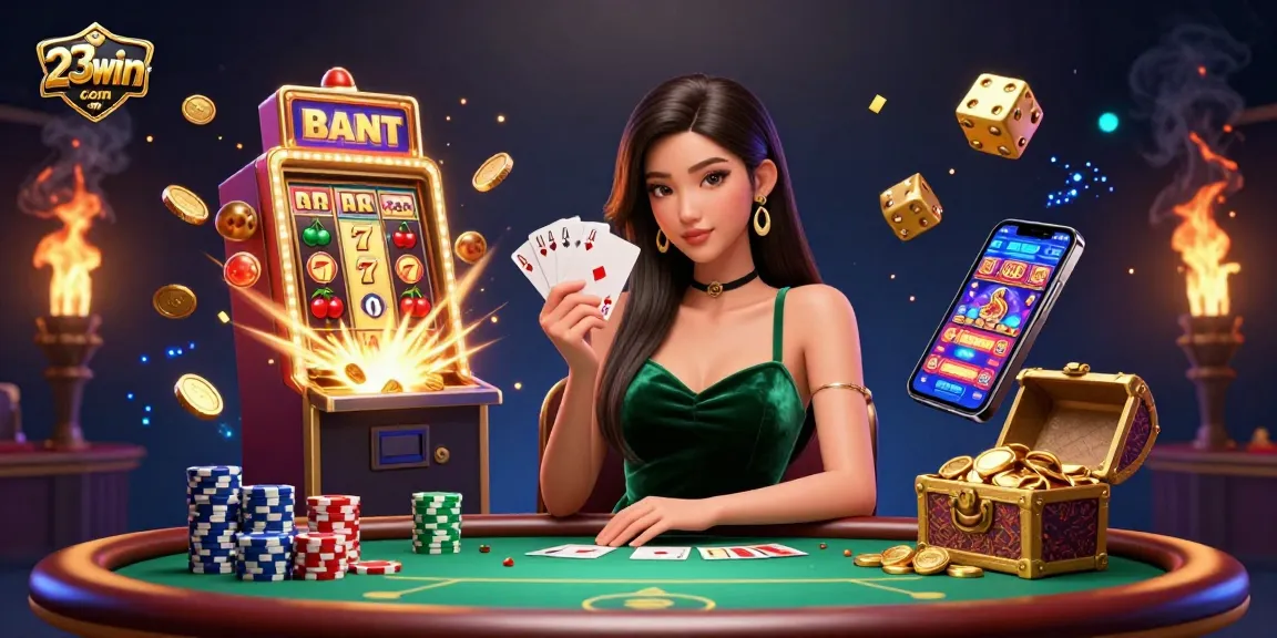 Experience the thrill of winning at 23win com with a beautiful Asian woman at a poker table surrounded by vibrant casino elements.