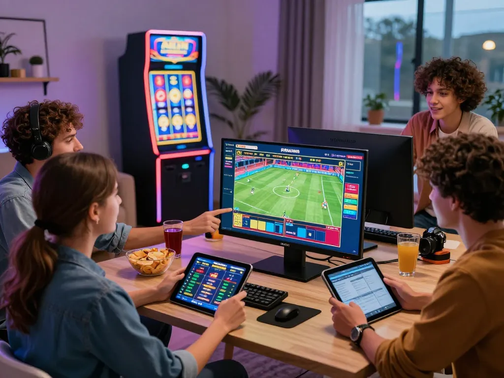 F168 online betting scene with friends enjoying live sports betting and casino games in a contemporary setting, highlighting excitement and camaraderie.
