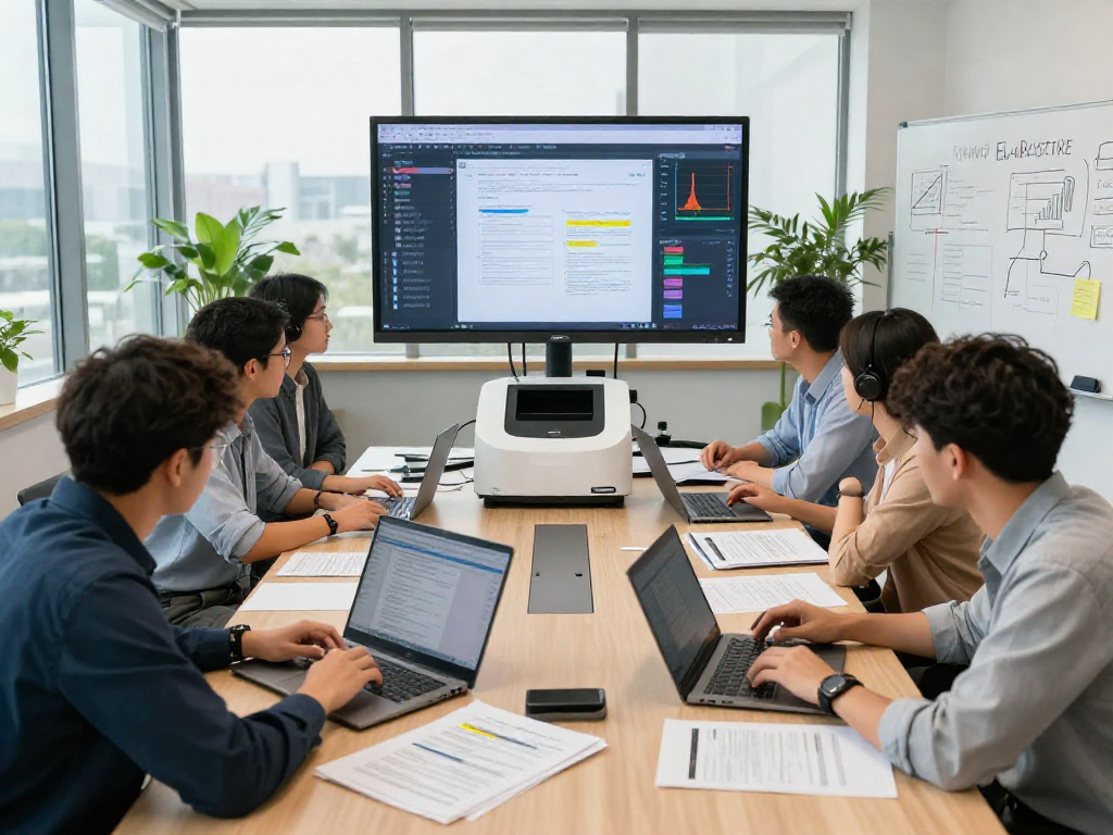 Document fraud detection team analyzing data in a modern office, showcasing collaboration and high-tech tools.