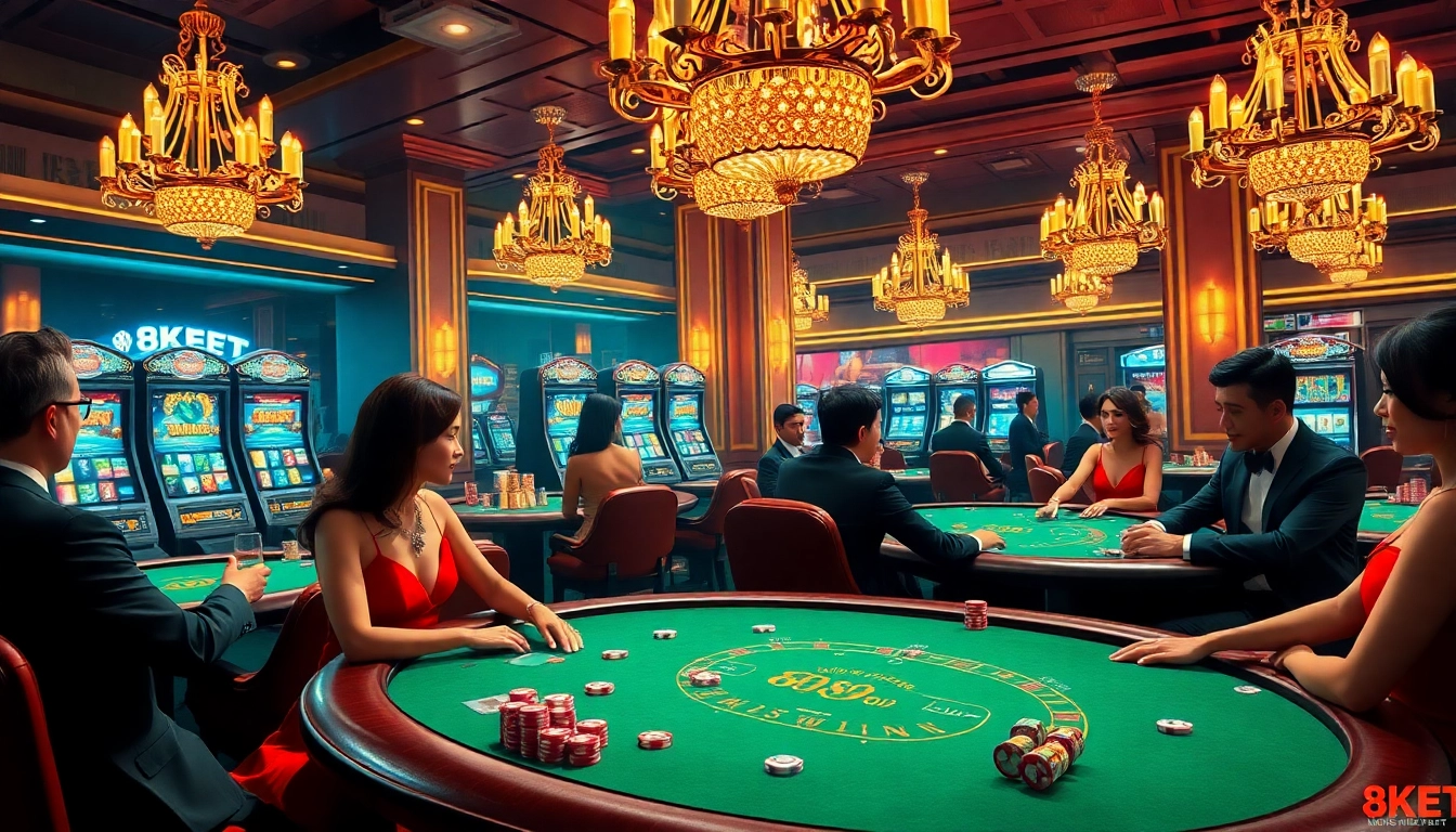 Experience the thrill of 8KBET as players compete at poker tables in a luxurious casino setting.